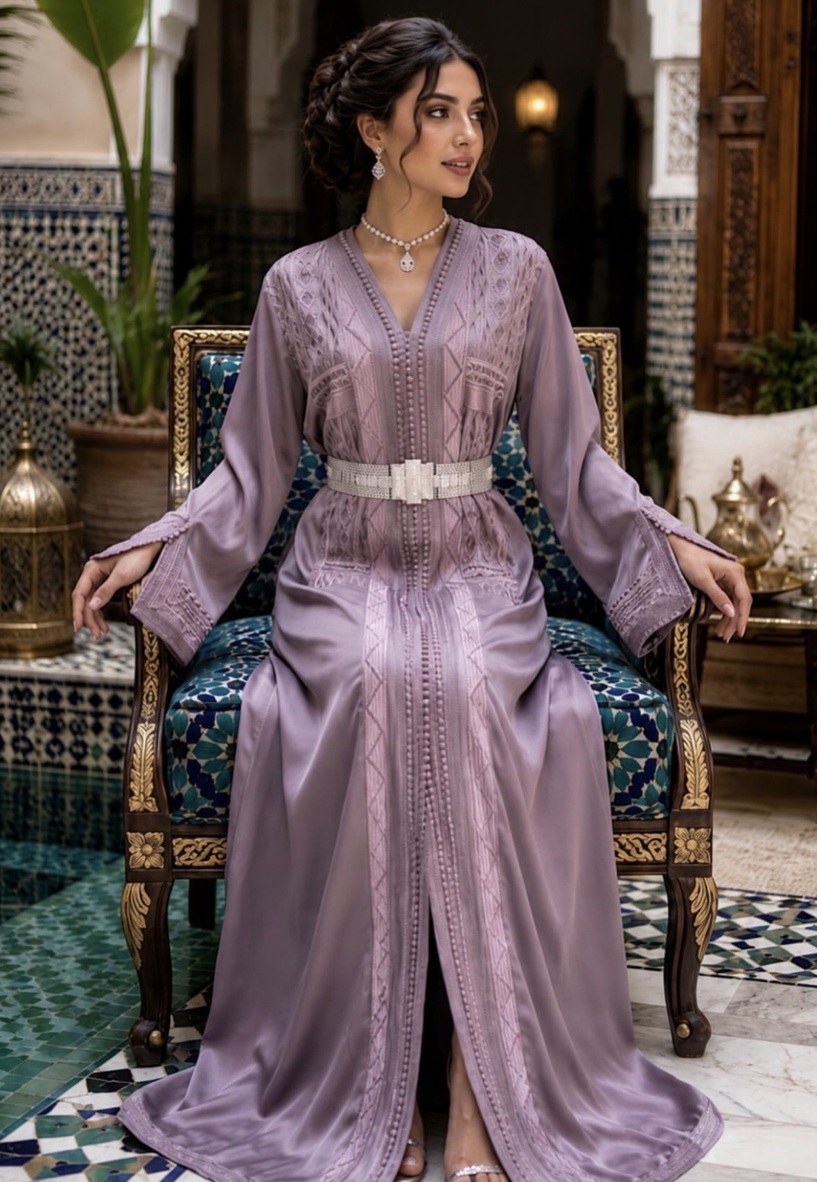 Caftan lilas en satin fluide à broderies ton sur ton, ceinture mdamma argentée